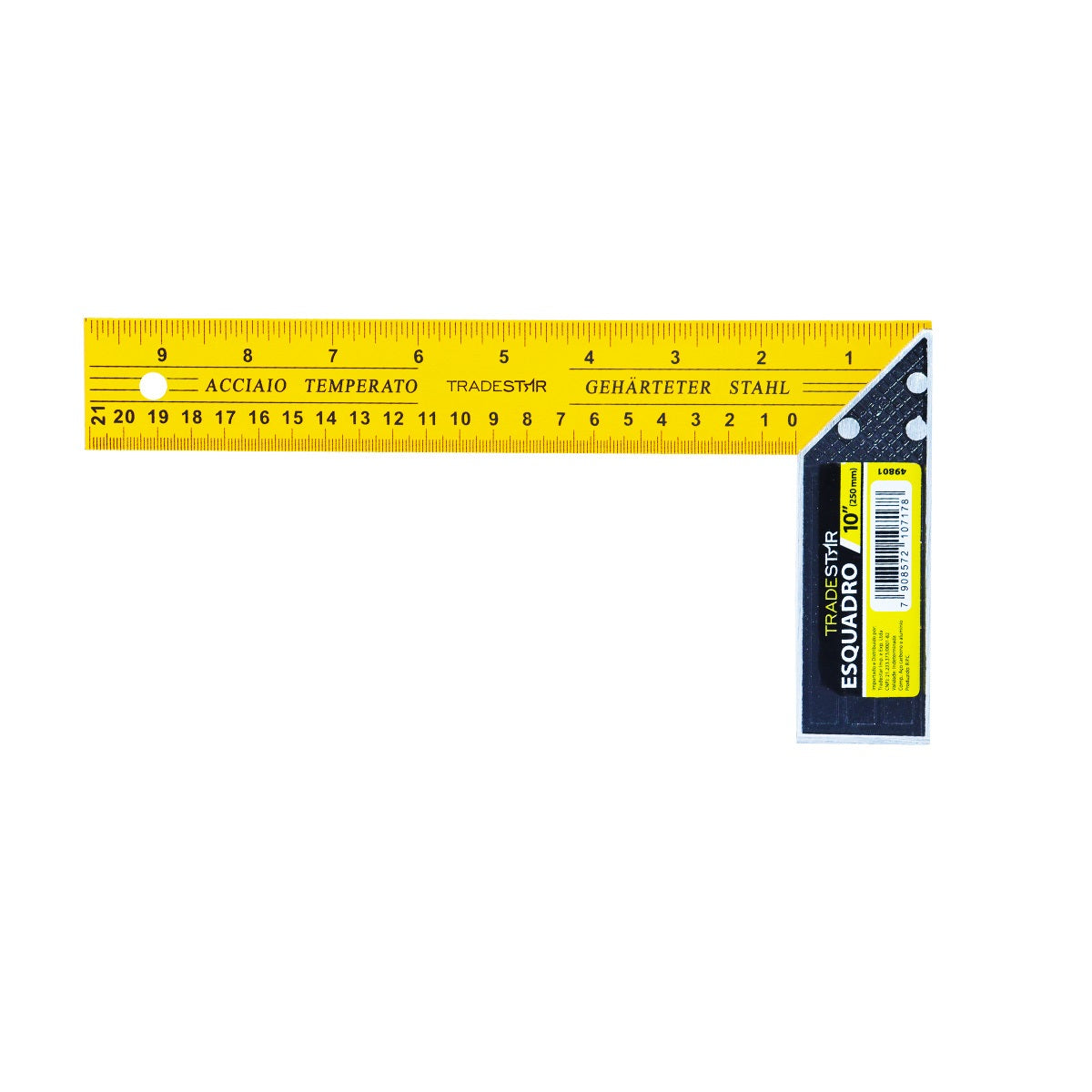 Esquadro de aço Tradestar 10 polegadas (250mm) para construção civil. Ferramenta de medição precisa, ideal para ângulos de 45 e 90 graus. Fabricado em aço carbono com cabo metálico, resistente e durável. Perfeito para carpinteiros, pedreiros, engenheiros, arquitetos e hobbistas. Garante cortes e alinhamentos perfeitos em projetos de construção e DIY.