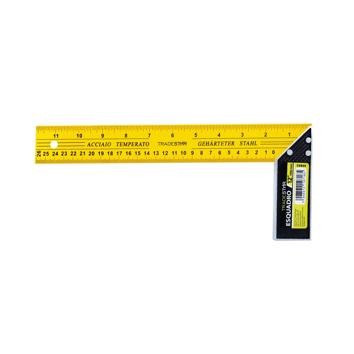 Esquadro de aço Tradestar 12 polegadas (300mm) com cabo metálico, ideal para profissionais da construção civil. Ferramenta de medição precisa para ângulos de 45 e 90 graus, fabricada em aço carbono resistente e cabo de alumínio ergonômico. Perfeito para engenheiros, arquitetos, carpinteiros, pedreiros e hobbistas. Garanta precisão em seus projetos com este esquadro de alta qualidade.