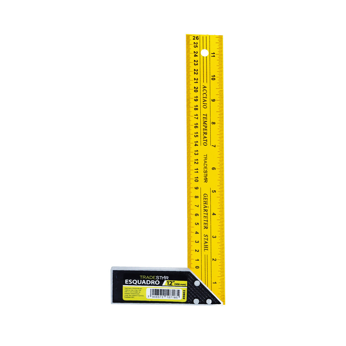 Esquadro de aço Tradestar de 12 polegadas (300mm) com cabo metálico, ideal para profissionais da construção civil, carpinteiros, pedreiros e hobbistas. Ferramenta de medição precisa para ângulos de 45 e 90 graus, fabricada em aço carbono resistente e cabo de alumínio ergonômico. Perfeito para cortes, alinhamentos e projetos DIY.