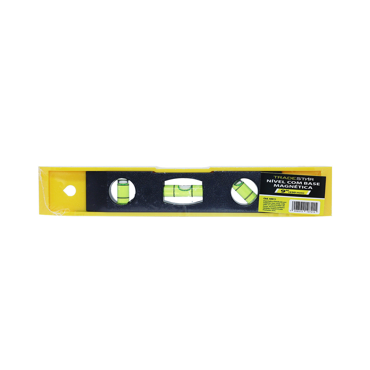 Nível Bolha Torpedo 9" Tradestar com base magnética e 3 bolhas para nivelamento preciso em construção e instalações. Ferramenta manual amarela e preta, ideal para superfícies metálicas.