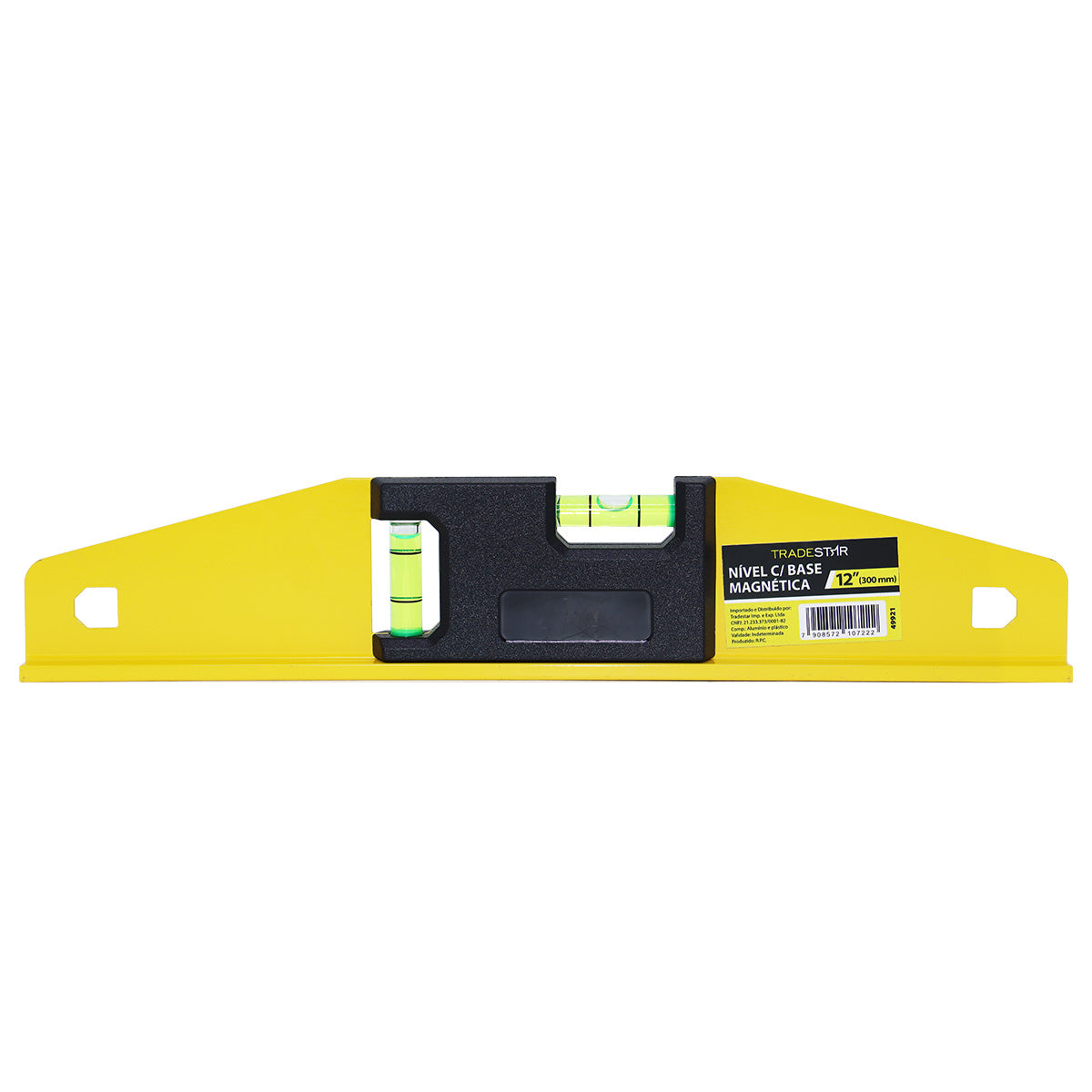 Nível de mão Tradestar 12 polegadas (30cm) com base magnética e 2 bolhas para nivelamento preciso em alumínio. Ferramenta ideal para construção, instalação, eletricistas, mecânicos e decoração. Garante alinhamento perfeito em superfícies metálicas e outras estruturas. Compre agora na JJC Ferramentas!