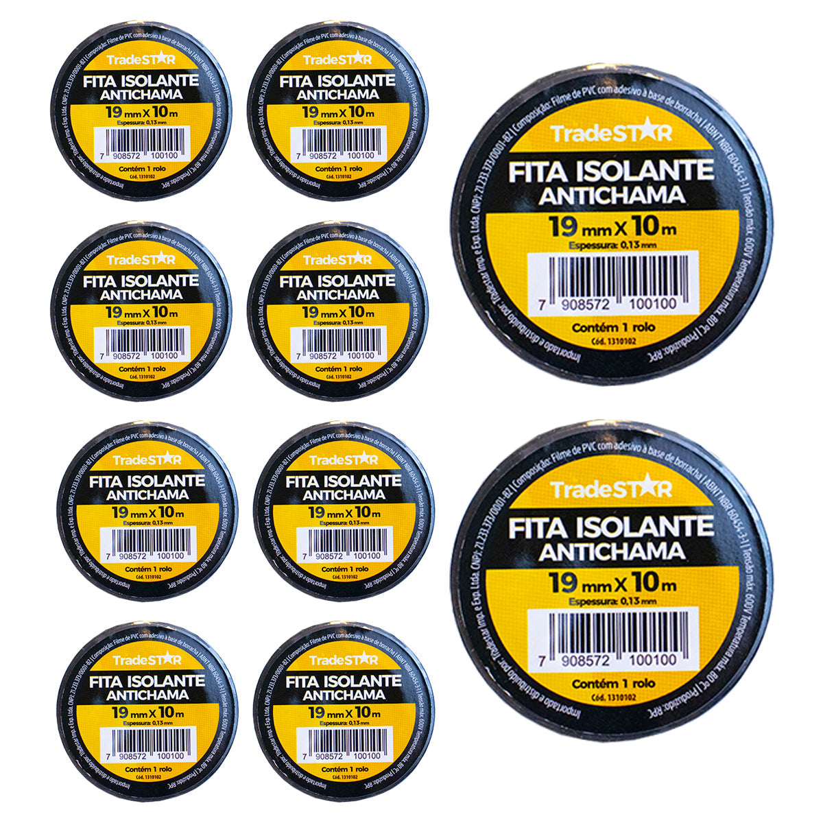 Kit com 10 rolos de fita isolante antichama preta Tradestar 19mm x 10m, ideal para isolamento elétrico, proteção de fios e cabos, e organização. Fita de PVC de alta qualidade, resistente a até 80°C e com isolamento de até 600V. Perfeita para projetos elétricos e aplicações diversas.