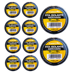 Kit com 10 rolos de fita isolante antichama preta Tradestar 19mm x 10m, ideal para isolamento elétrico, proteção de fios e cabos, e organização. Fita de PVC de alta qualidade, resistente a até 80°C e com isolamento de até 600V. Perfeita para projetos elétricos e aplicações diversas.