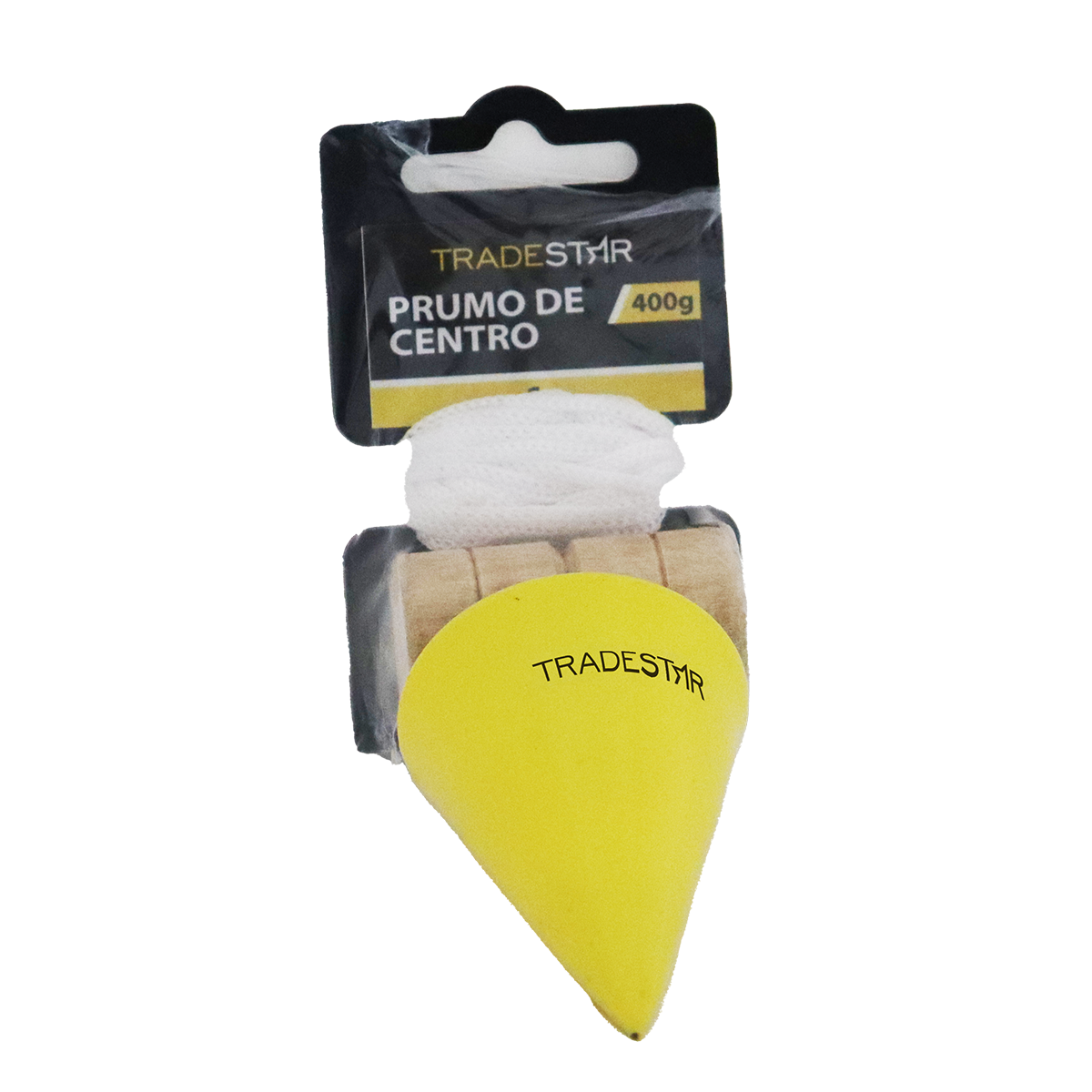 Prumo de Parede Tradestar 400g em aço, corda de nylon e taco de madeira. Ferramenta para alinhamento vertical em construção civil e marcenaria.