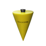 Prumo de Parede Tradestar 400g amarelo em aço com corda de nylon e taco de madeira, ideal para alinhamento vertical em construção civil e marcenaria.