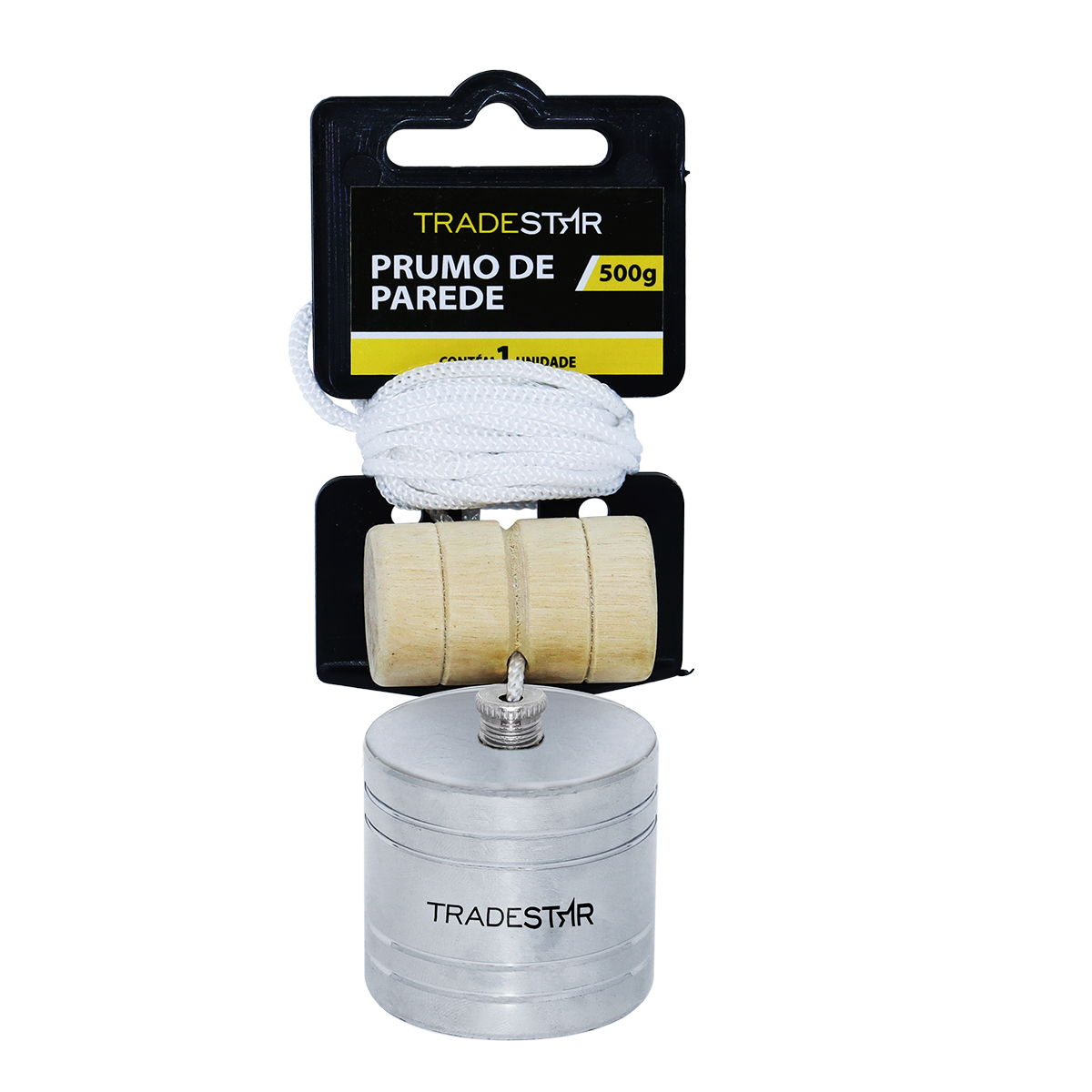 Prumo de Parede 500g Tradestar em aço, corda de nylon e taco de madeira. Ferramenta para construção civil e marcenaria, ideal para alinhamento vertical de paredes e estruturas. Instrumento de precisão para nivelamento.