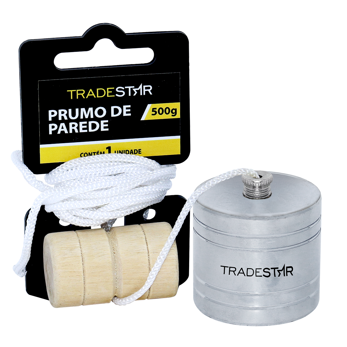 Prumo de Parede Tradestar 500g em aço, com corda de nylon e taco de madeira. Ferramenta essencial para alinhamento vertical em construção civil e marcenaria. Ideal para nivelamento de paredes.