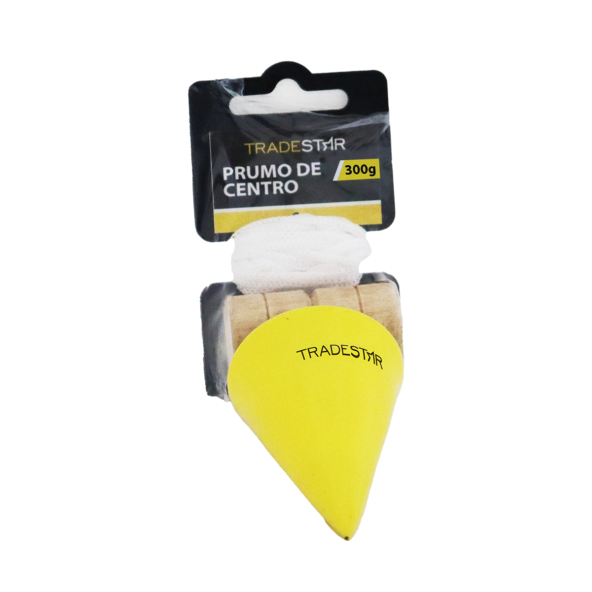 Prumo Centro Tradestar 300g em aço com corda de nylon e taco de madeira, ideal para alinhamento e nivelamento em construção civil e marcenaria. Ferramenta de precisão para garantir verticalidade em estruturas.
