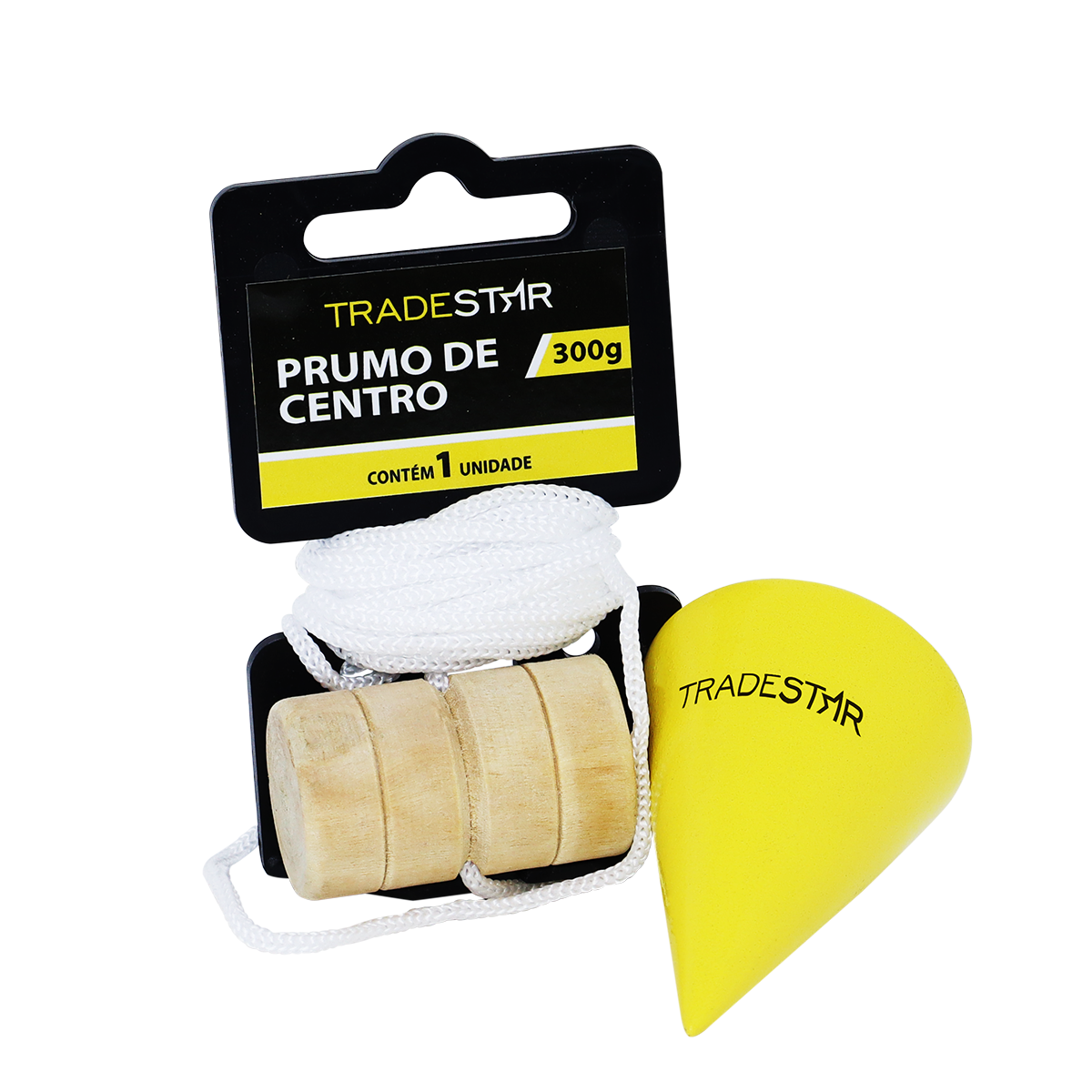 Prumo de Centro Tradestar 300g em aço com corda de nylon e taco de madeira, ideal para alinhamento em construção civil e marcenaria. Ferramenta de precisão para nivelamento e prumo de colunas e pilares.