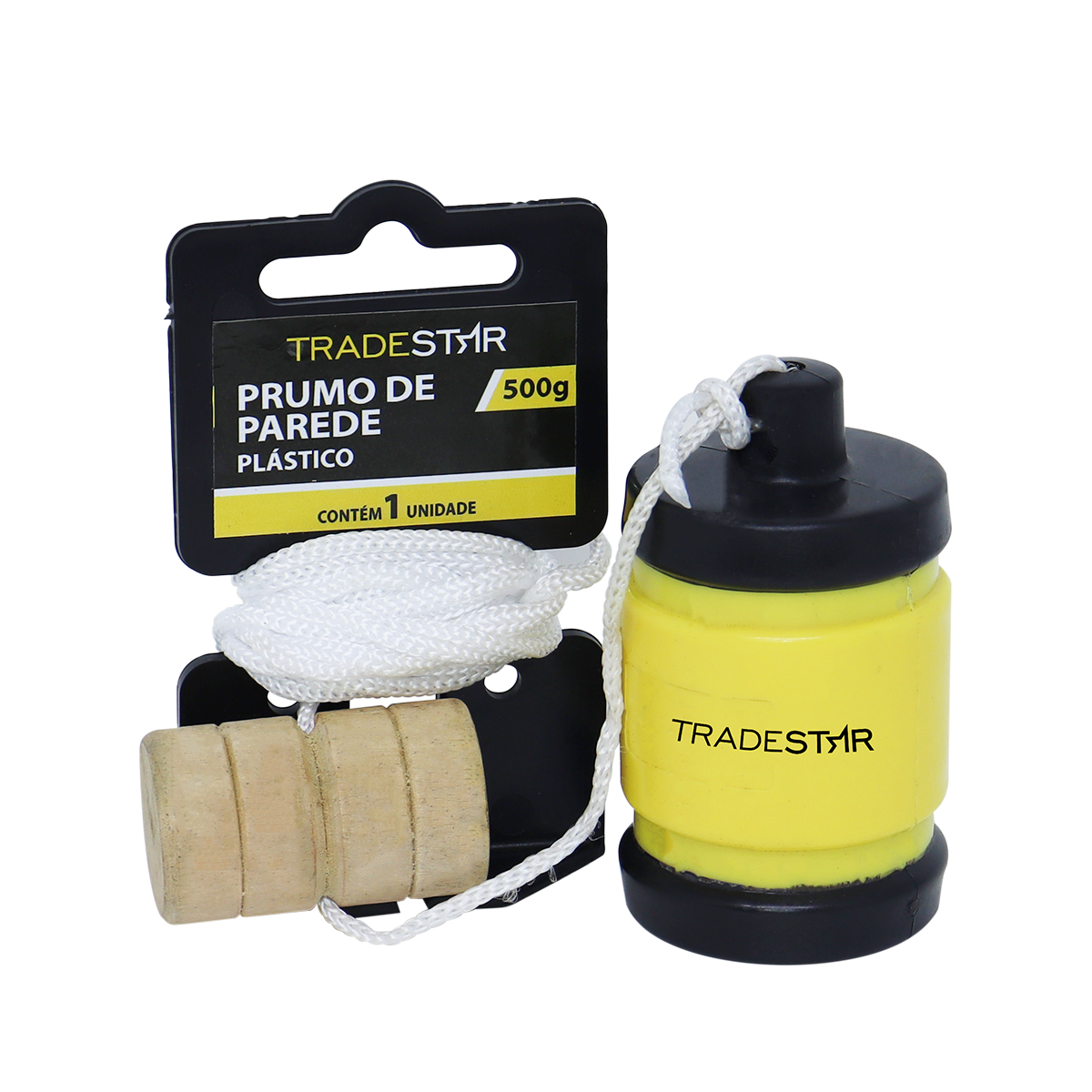 Prumo de parede plástico 500g Tradestar, ferramenta para alinhamento vertical em construção civil, com corda de nylon e taco de madeira. Ideal para nivelamento e alinhamento de paredes e estruturas.