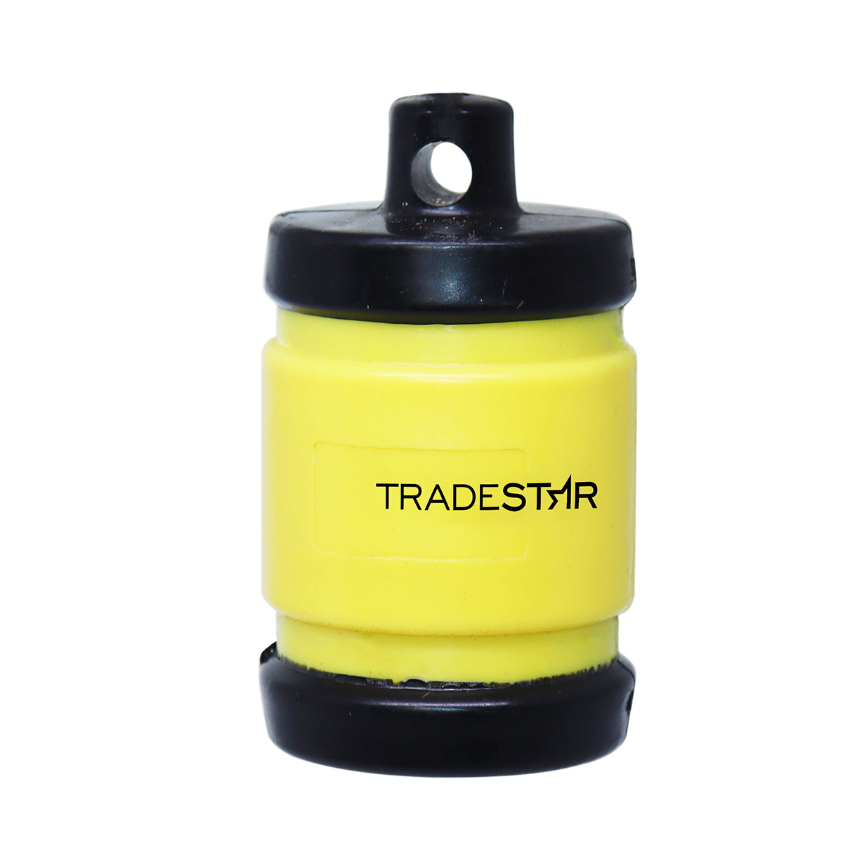 Prumo Plástico 500g Tradestar amarelo e preto, com corda de nylon e taco de madeira, ideal para alinhamento vertical em construção civil e marcenaria.