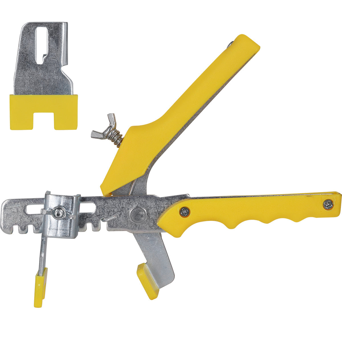 Alicate Nivelador Tradestar para Assentar Piso Porcelanato, Azulejo e Cerâmica. Ferramenta manual com corpo em aço carbono e cabo amarelo em plástico, ideal para nivelar e fixar espaçadores e cunhas em projetos de construção e reforma.