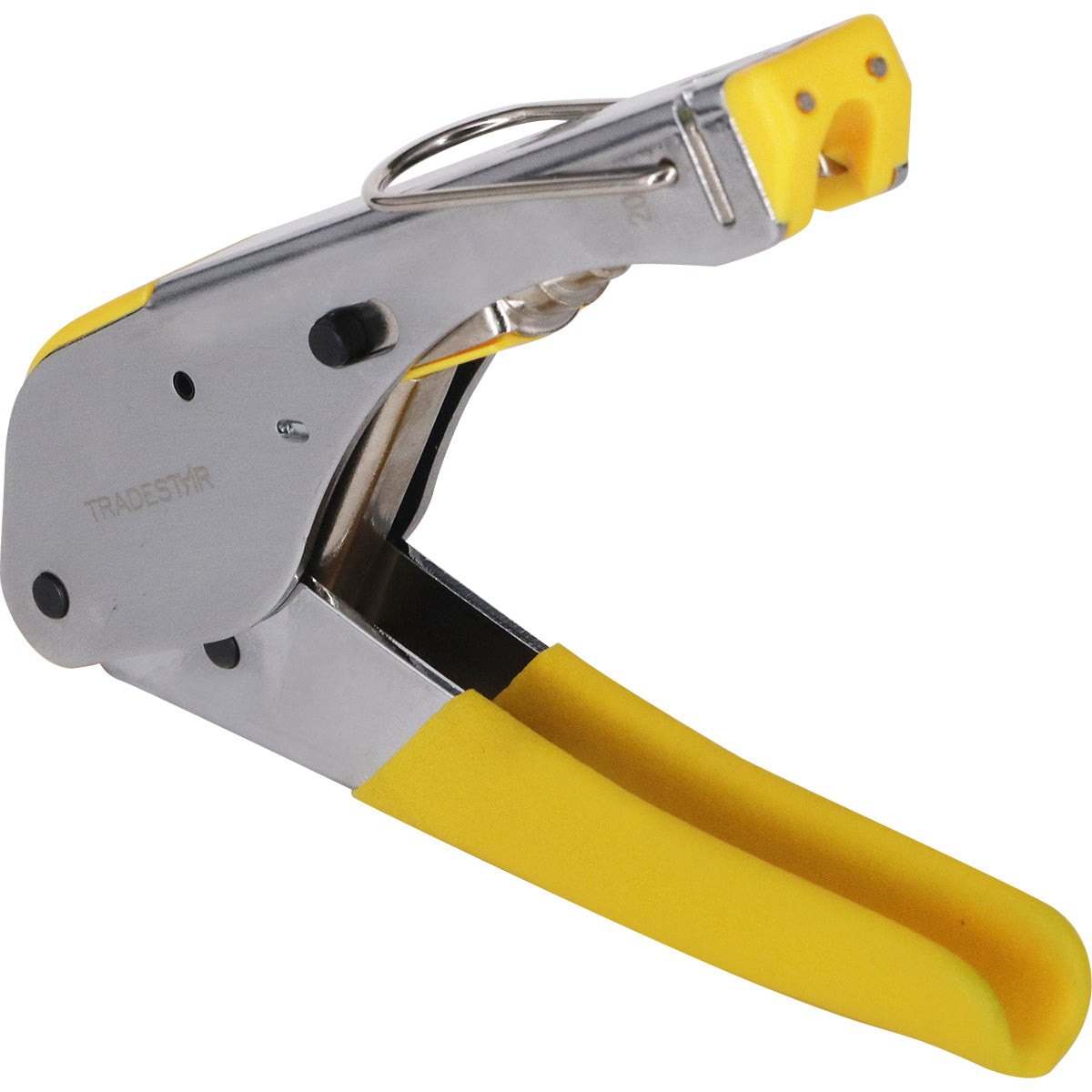 Alicate Crimpador para Cabo Coaxial RG06/RG59 Tradestar - Ferramenta manual para crimpagem precisa de conectores em cabos coaxiais, ideal para técnicos de telecomunicações e instaladores de TV a cabo. Garante conexões seguras e de alta qualidade. Inclui garantia e nota fiscal.