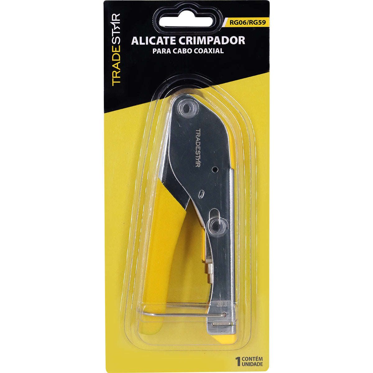 Alicate Crimpador para Cabo Coaxial RG06/RG59 Tradestar em embalagem. Ferramenta manual para crimpagem precisa de conectores em cabos coaxiais, ideal para técnicos de telecomunicações e instaladores de TV a cabo. Garante conexões seguras e de alta qualidade.