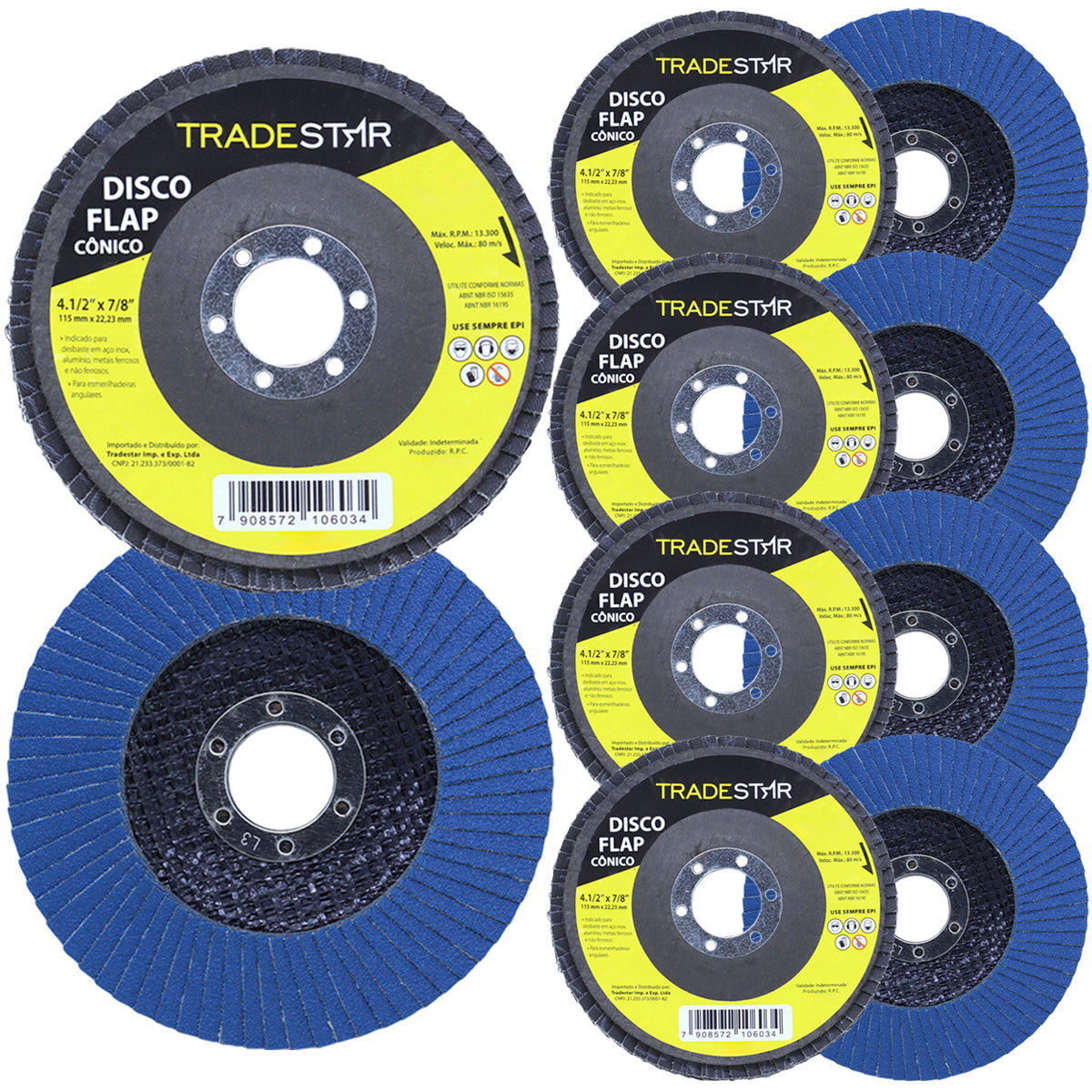 Kit com 10 discos de lixa flap Tradestar 4.1/2 Grão 100 para lixadeira angular, ideal para lixamento médio em aço inox, alumínio e metais ferrosos. Proporciona acabamento uniforme e durabilidade superior. Ferramenta essencial para profissionais e projetos DIY.