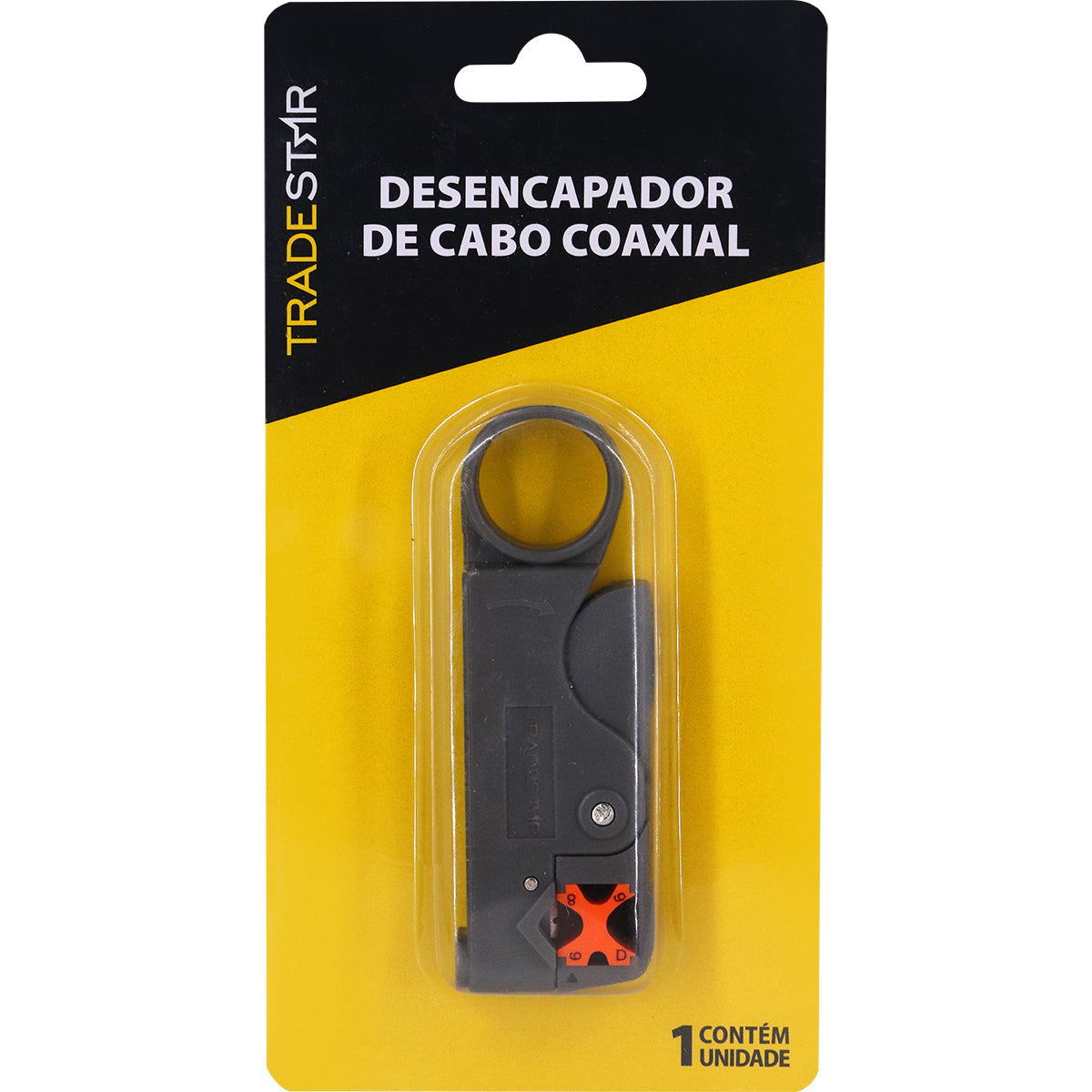 Desencapador de Cabo Coaxial Tradestar 4 a 12MM com chave hexagonal, ideal para instalação de TV a cabo, internet e telecomunicações. Ferramenta manual para descascar cabos coaxiais RG58, RG59, RG62, RG06 e RG174.