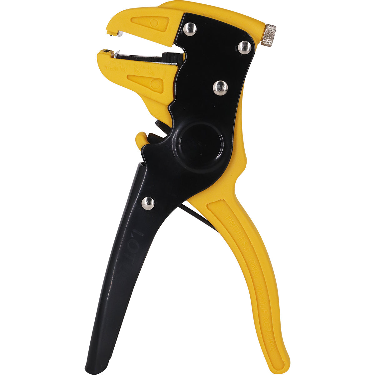 Alicate 2 em 1 Desencapador Cortador Fios Automático 7.1/2" Tradestar - Ferramenta manual amarela e preta para desencapar e cortar fios elétricos, ideal para eletricistas e técnicos em eletrônica e automotivo.