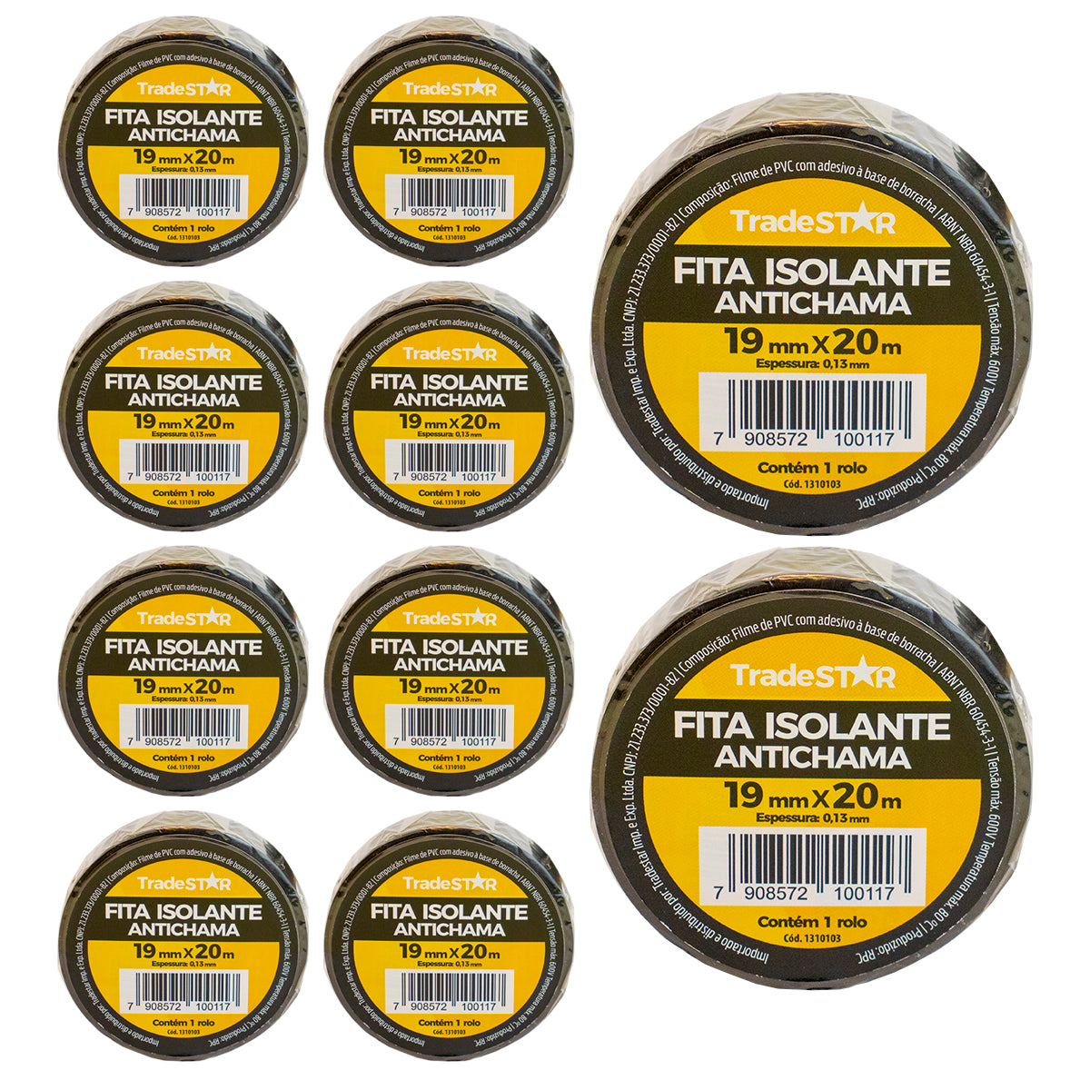Kit com 10 rolos de fita isolante antichama preta Tradestar, 19mm x 20m, ideal para isolamento elétrico, proteção de fios e cabos, e uso em projetos DIY. Fita de PVC de alta qualidade, resistente a até 80°C e com isolamento de até 600V. Perfeita para organização de cabos e marcação de áreas.