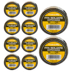 Kit com 10 rolos de fita isolante antichama preta Tradestar, 19mm x 20m, ideal para isolamento elétrico, proteção de fios e cabos, e uso em projetos DIY. Fita de PVC de alta qualidade, resistente a até 80°C e com isolamento de até 600V. Perfeita para organização de cabos e marcação de áreas.