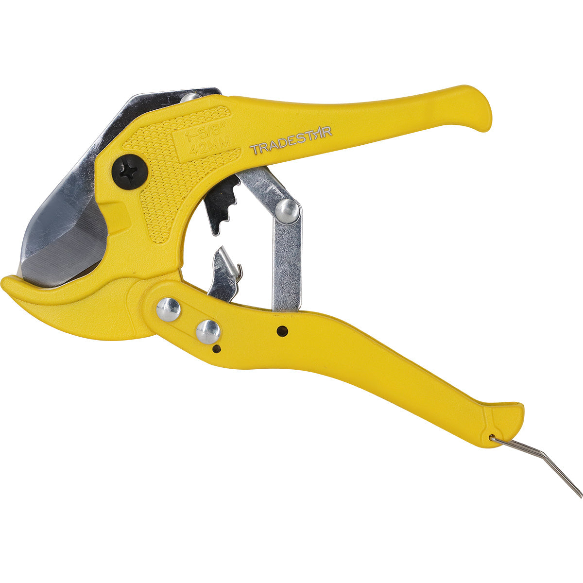 Cortador de Tubos de PVC Tradestar até 42MM com lâmina de aço, ferramenta manual amarela para cortes precisos em tubos de PVC em instalações hidráulicas, sanitárias e elétricas. Ideal para corte de tubos de PVC de até 42mm.