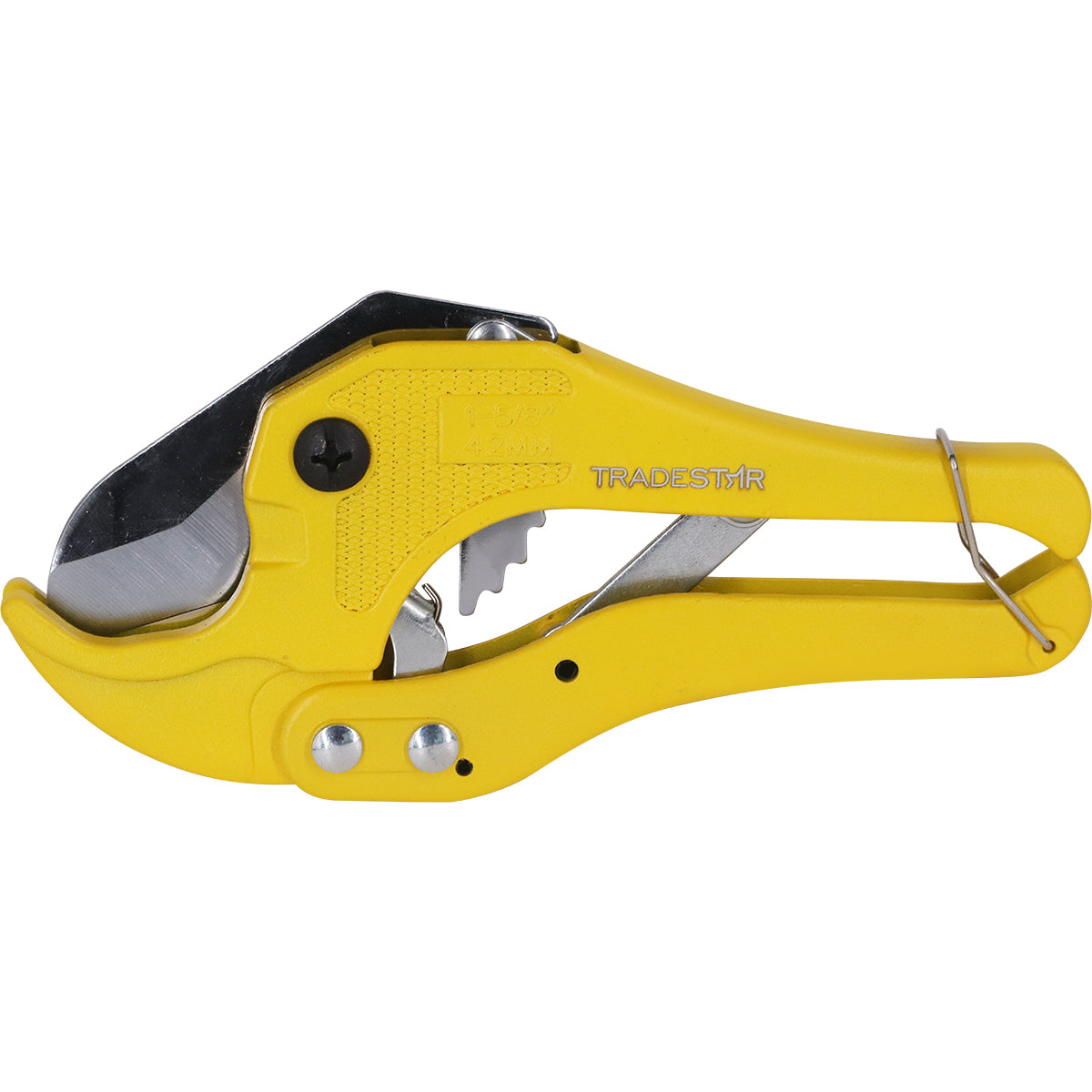 Cortador de Tubos de PVC Até 42MM Lâmina Aço Tradestar - Ferramenta manual amarela para corte preciso de tubos de PVC em instalações hidráulicas, sanitárias e elétricas. Possui lâmina de aço para cortes suaves e sem rebarbas.