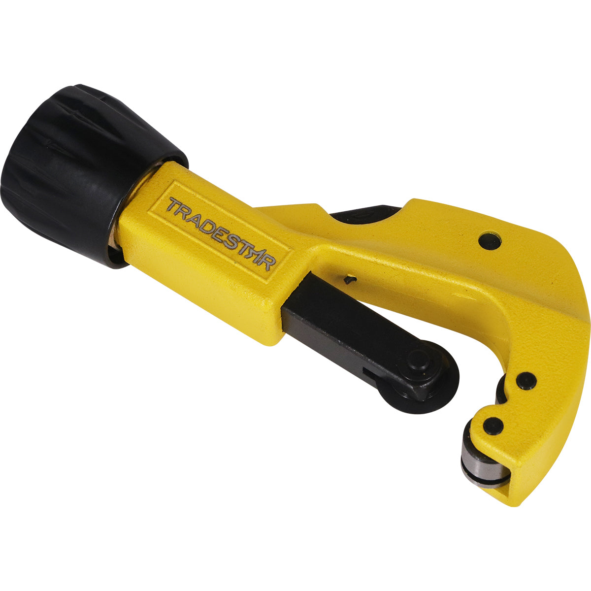 Cortador de cano de cobre e alumínio Tradestar 3 a 32mm com escareador. Ferramenta manual amarela e preta para corte preciso de tubos em instalações hidráulicas e elétricas.