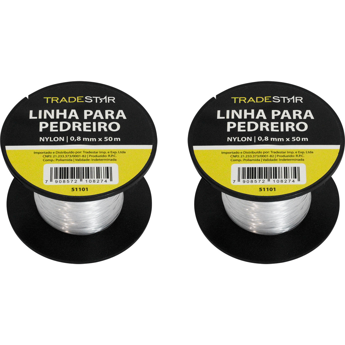 Linha para pedreiro nylon lisa branca Tradestar 0,8mm x 50m - ideal para marcação e alinhamento em obras. Kit com 2 unidades, alta resistência e durabilidade. Ferramenta essencial para pedreiros e construtores.