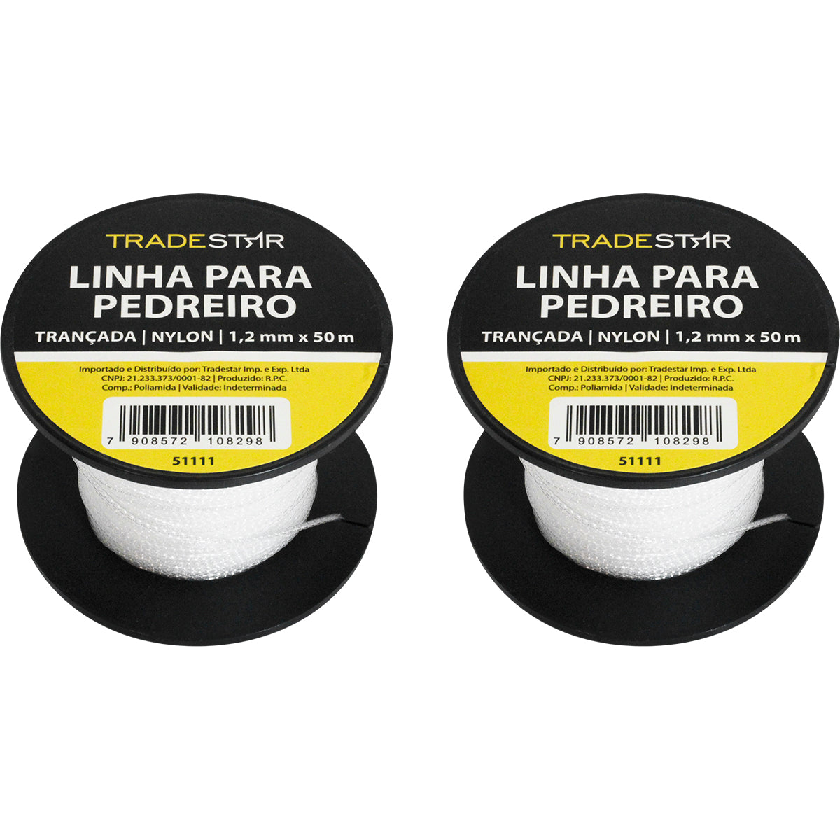 Linha para pedreiro de nylon trançada Tradestar 0,8mm x 50m branca (pacote com 2 unidades). Ideal para marcação e alinhamento em obras de construção civil. Resistente e durável.