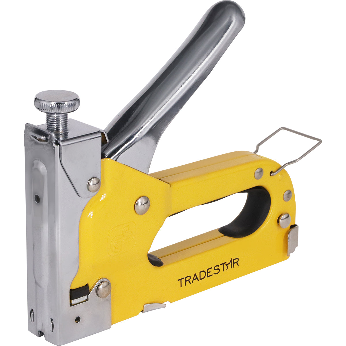 Grampeador Tapeceiro Pinador Pro Tradestar 3 em 1 amarelo com detalhes em metal, ideal para tapeçaria, marcenaria e bricolagem. Acompanha 600 grampos.