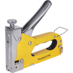 Grampeador Tapeceiro Pinador Pro Tradestar 3 em 1 amarelo com detalhes em metal, ideal para tapeçaria, marcenaria e bricolagem. Acompanha 600 grampos.