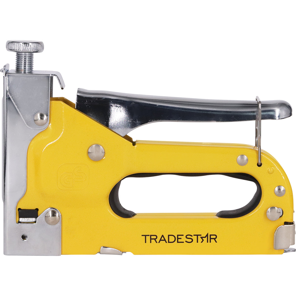 Grampeador Tapeceiro Pinador Pro Tradestar amarelo, ferramenta 3 em 1 para tapeçaria, marcenaria e bricolagem, acompanha 600 grampos.