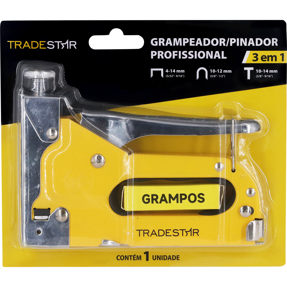 Grampeador Tapeceiro Pinador 3 em 1 Pro Tradestar com 600 grampos, ideal para tapeçaria, marcenaria e bricolagem. Ferramenta profissional para fixação de tecidos, couro, madeira e estofados. Acompanha grampos retos, em aço carbono.