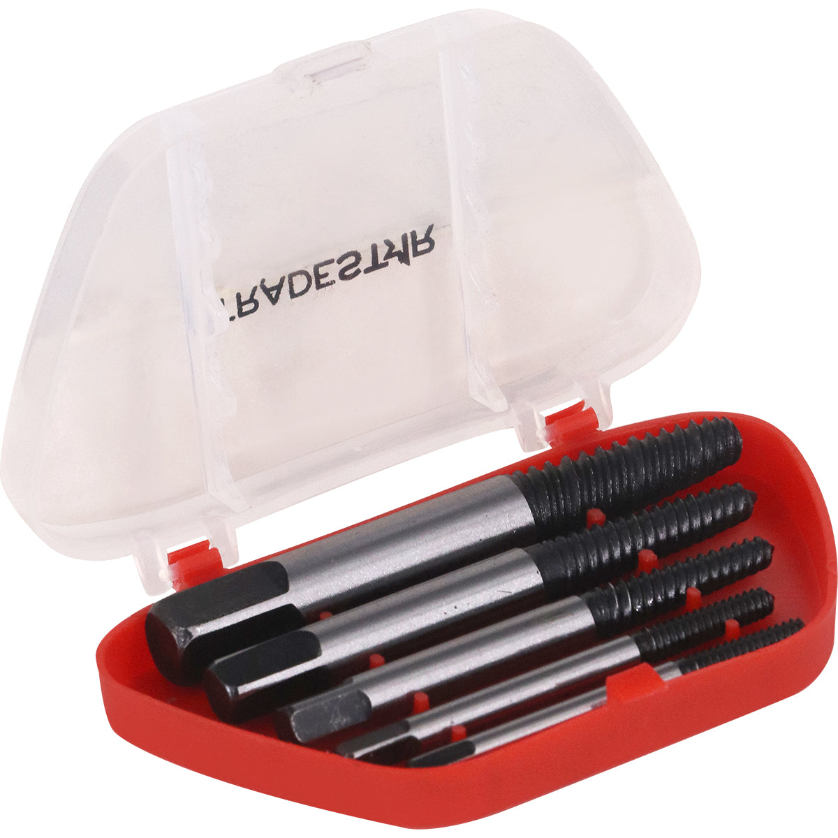 Jogo Saca Parafuso Quebrado Macho Rosca Esquerda Tradestar 3 a 18mm em estojo. Kit com 5 peças de aço cromo-molibdênio para remoção de parafusos danificados em metal, madeira e plástico. Ferramenta para mecânica e reparos.