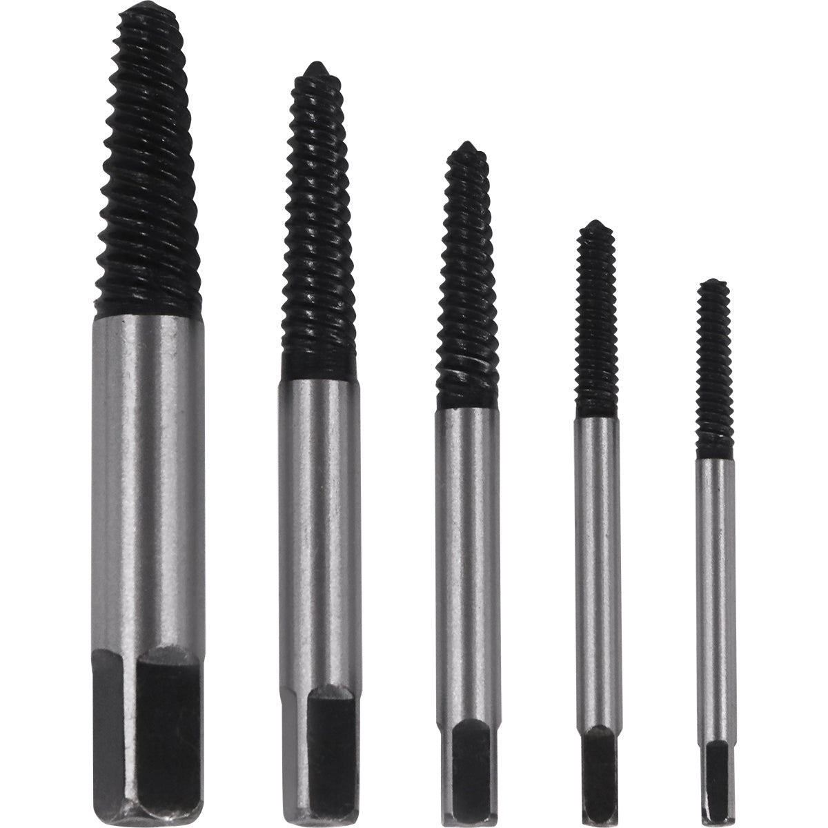 Jogo Saca Parafuso Quebrado Macho Rosca Esquerda Tradestar 3 a 18mm - Conjunto de 5 peças em aço cromo-molibdênio para remoção de parafusos danificados. Ideal para mecânica, construção e reparos domésticos. Ferramenta essencial para extrair parafusos quebrados em madeira, metal e plástico.