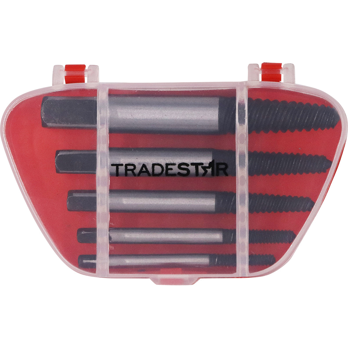 Jogo Saca Parafuso Quebrado Macho Rosca Esquerda Tradestar 3 a 18mm em estojo. Kit com 5 peças de aço cromo-molibdênio para remoção de parafusos danificados em madeira, metal e plástico. Ferramenta para mecânica, construção e reparos domésticos.