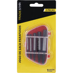 Jogo Saca Parafuso Quebrado Macho Rosca Esquerda Tradestar 3 a 18mm - 5 peças, ideal para remoção de parafusos danificados em aço cromo-molibdênio. Ferramenta para mecânica, construção e reparos domésticos. Kit com estojo plástico.