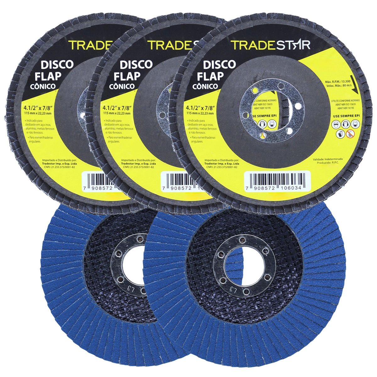 Kit com 5 discos de lixa flap Tradestar 4.1/2 Grão 60 para lixadeira, ideal para desbaste em aço inox, alumínio e metais ferrosos. Ferramenta para acabamento suave e uniforme em projetos de lixamento.
