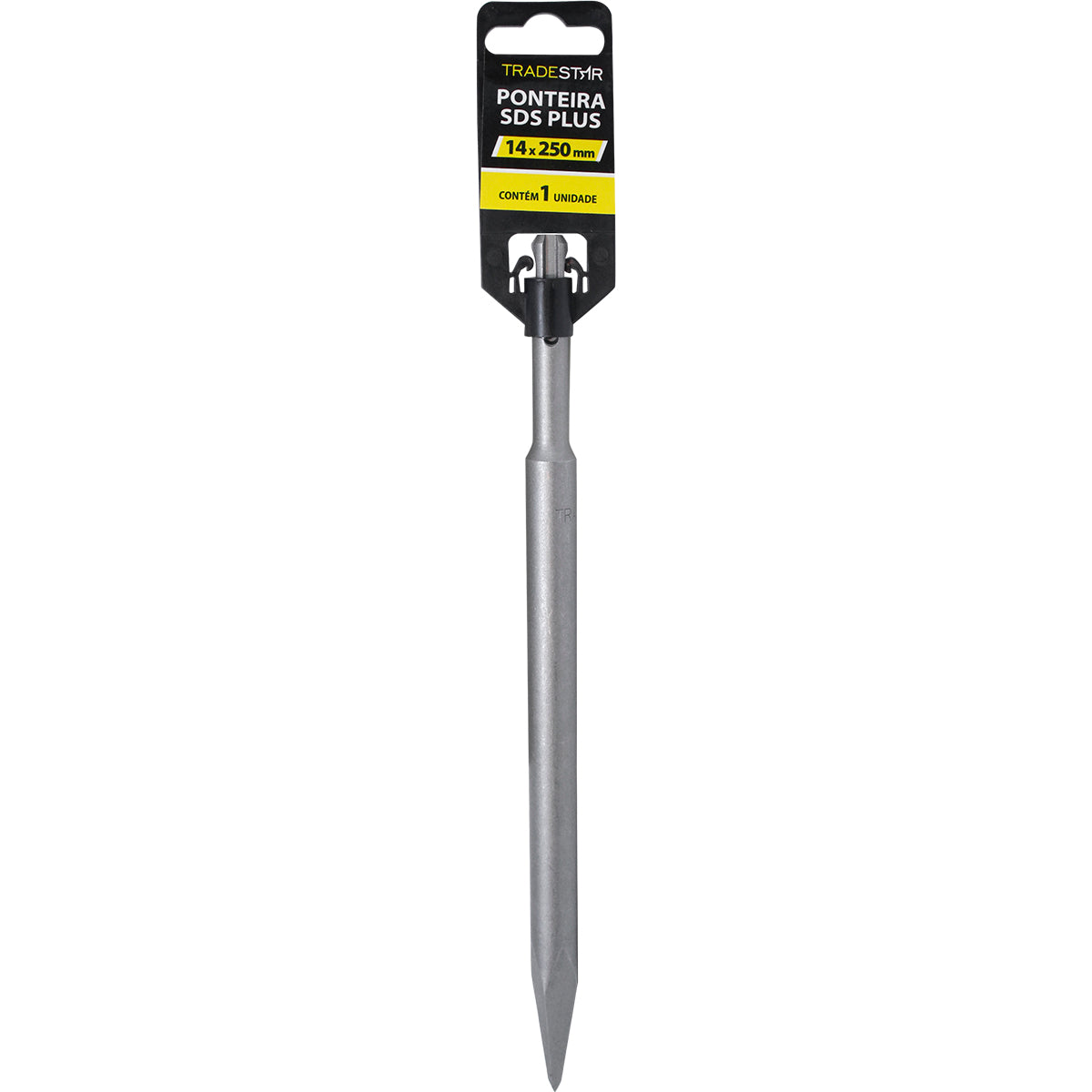 Ponteiro SDS Plus 14x250mm Tradestar para martelete, ideal para perfuração em concreto, alvenaria e pedras. Ferramenta de aço resistente para construção civil e reparos. Ponteiro com encaixe SDS Plus, 1 unidade na embalagem.