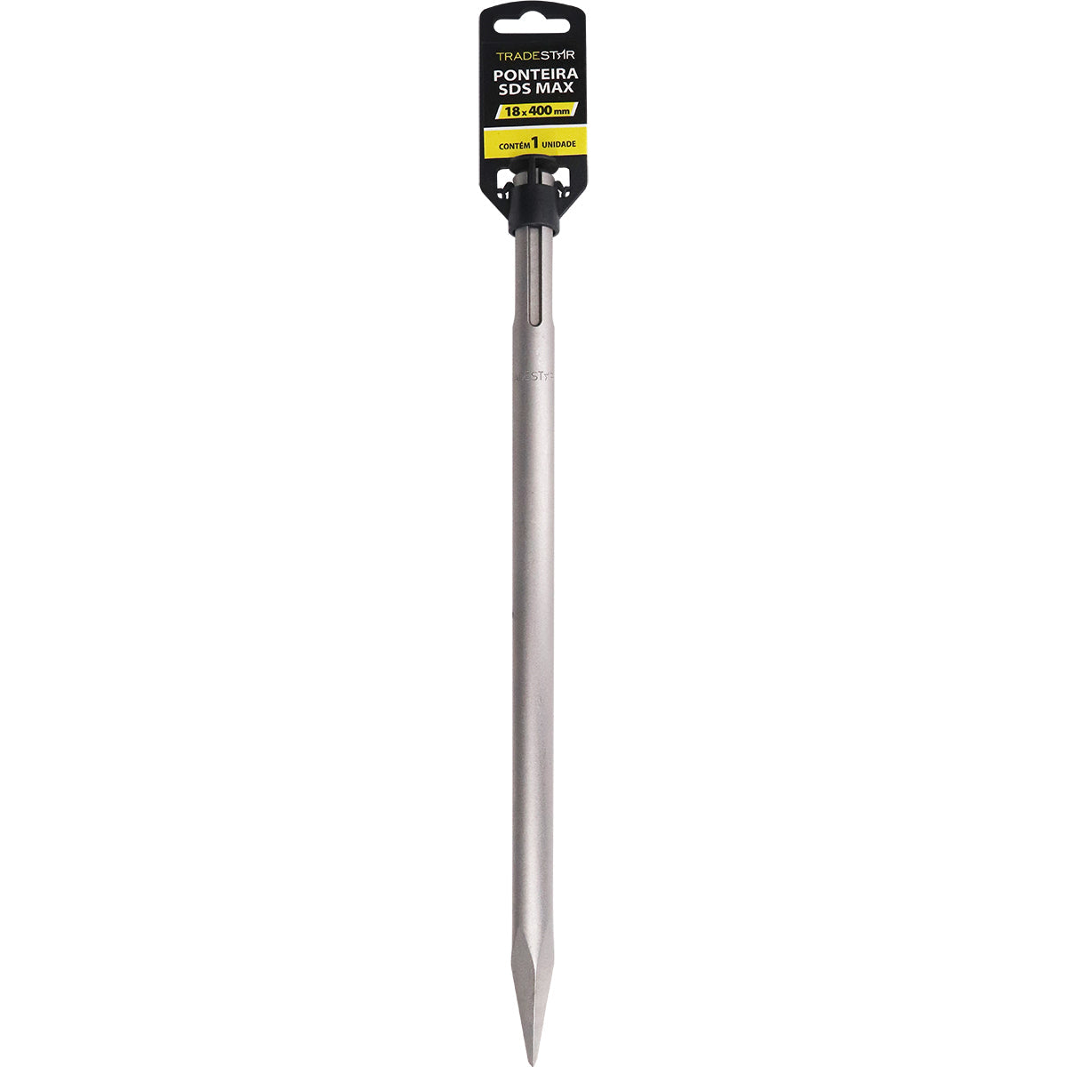 Ponteiro SDS Max 18x400mm Tradestar para martelete, ideal para perfuração em concreto, pedras e tijolos. Ferramenta de aço resistente para uso em construção civil e demolições. Ponteiro para martelete SDS Max, 1 unidade.