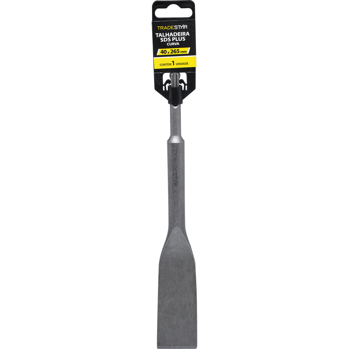 Talhadeira SDS Curva CRV Tradestar para martelete, 16x265x40mm, ideal para demolição de concreto e alvenaria. Ferramenta de aço CRV resistente, com encaixe SDS Plus e ponta curva para trabalhos em áreas de difícil acesso.
