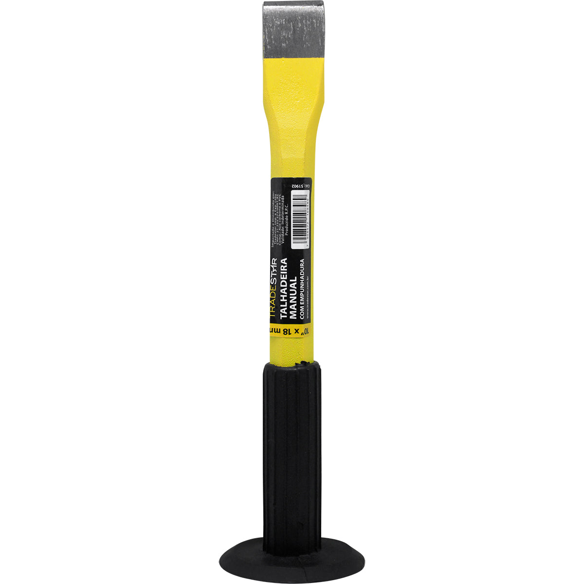 Talhadeira Manual Aço 10"x18MM Tradestar com empunhadura, ferramenta para construção civil e reformas. Ideal para abrir dutos, fazer furos, cortar tijolos e demolir alvenaria. Fabricada em aço carbono com empunhadura emborrachada para maior segurança e conforto. Dimensões: 25cm comprimento, 2cm diâmetro, 2.5cm ponteira. Peso: 520g. Ferramenta Tradestar para trabalhos de construção e reparos.
