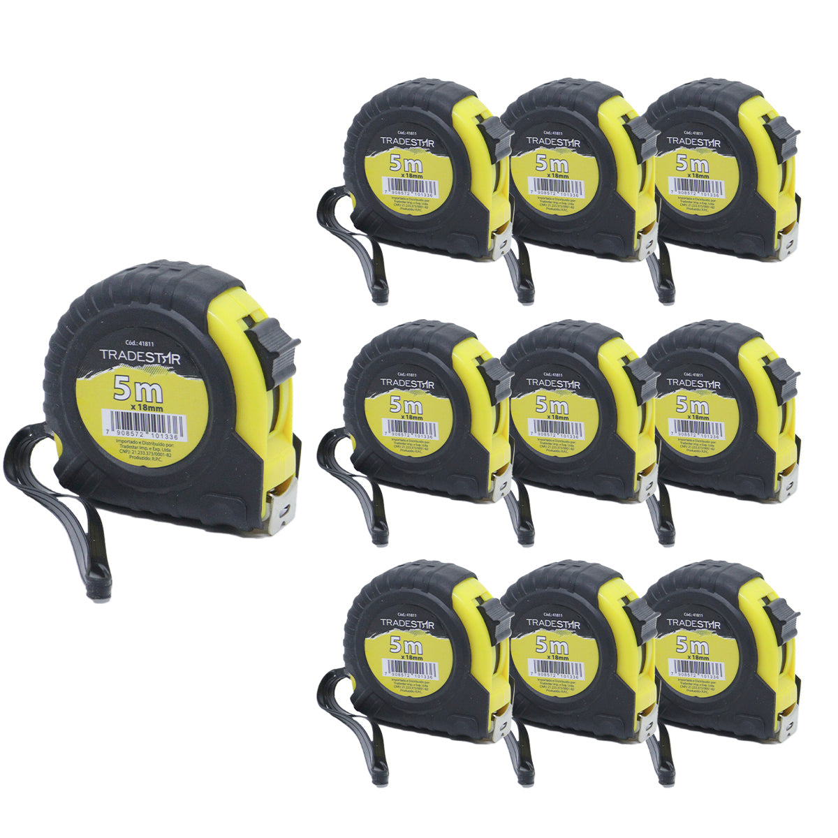 Kit com 10 Trenas Profissionais Emborrachadas Tradestar 5m x 18mm - Ideal para profissionais de construção, marcenaria e projetos DIY. Trenas com fita de aço reforçada, corpo emborrachado, graduação dupla (cm e polegadas) e presilha para cinto. Garanta precisão e durabilidade para suas medições.