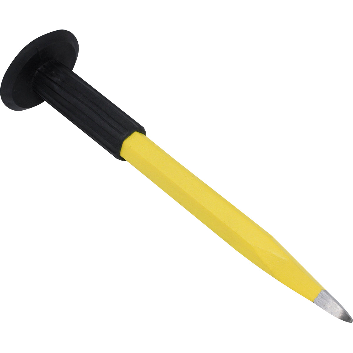Ponteiro Redondo Aço 10"x18MM Tradestar com empunhadura emborrachada, ferramenta para construção civil e reformas. Ideal para retirar excessos de concreto e cortes em alvenaria. Fabricado em aço carbono resistente e durável. Ferramenta amarela com cabo preto.