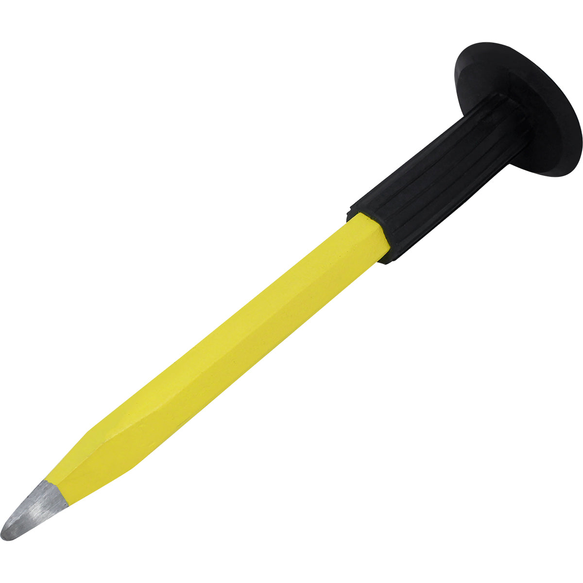 Ponteiro Redondo Aço 10"x18MM Tradestar com empunhadura emborrachada, ideal para construção civil e reformas. Ferramenta de aço carbono resistente para retirar excessos de concreto e cortes em alvenaria. Acabamento com tinta eletrostática e garantia de 90 dias.