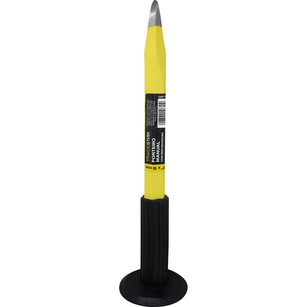 Ponteiro Redondo Aço 10"x18MM Tradestar com empunhadura, ferramenta manual para construção civil e reformas. Fabricado em aço carbono resistente, com empunhadura emborrachada para segurança e conforto. Ideal para retirar excessos de concreto e cortes em alvenaria. Ferramenta original, nova e com garantia.