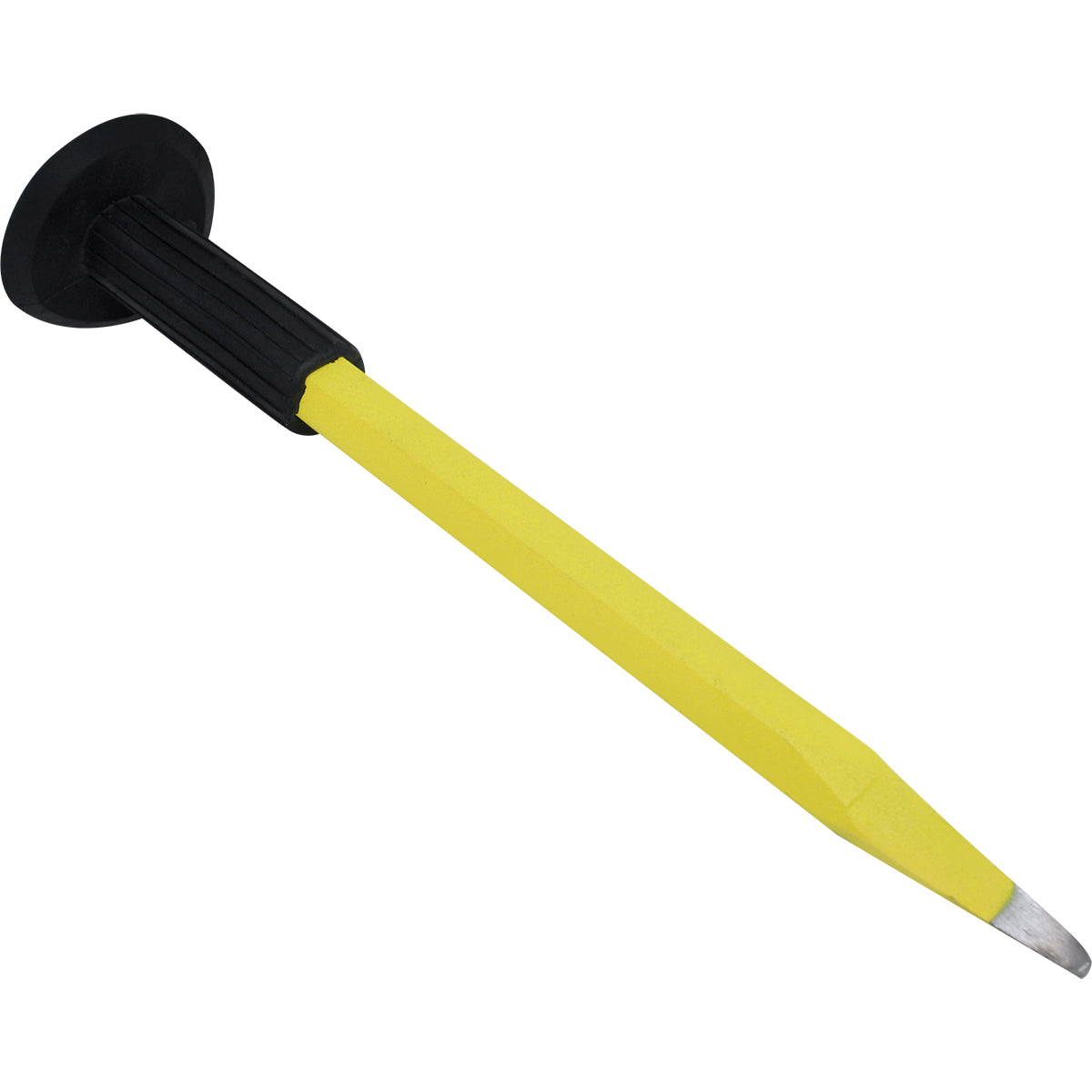 Ponteiro Redondo Aço 12"x18MM Tradestar com empunhadura emborrachada, ideal para construção civil e reformas. Ferramenta de aço carbono resistente, com acabamento eletrostático e design ergonômico para maior segurança e durabilidade. Perfeito para retirar excessos de concreto e cortes em alvenaria.