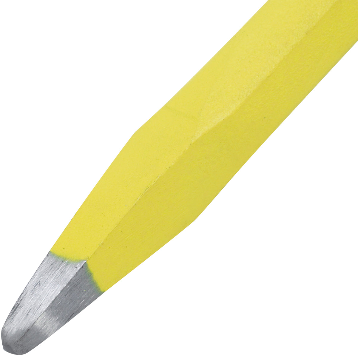 Ponteiro Redondo Aço 12"x18MM Tradestar com empunhadura amarela, ideal para construção civil e reformas. Ferramenta de aço carbono resistente, durável e com acabamento eletrostático. Ideal para retirar excessos de concreto e cortes em alvenaria.