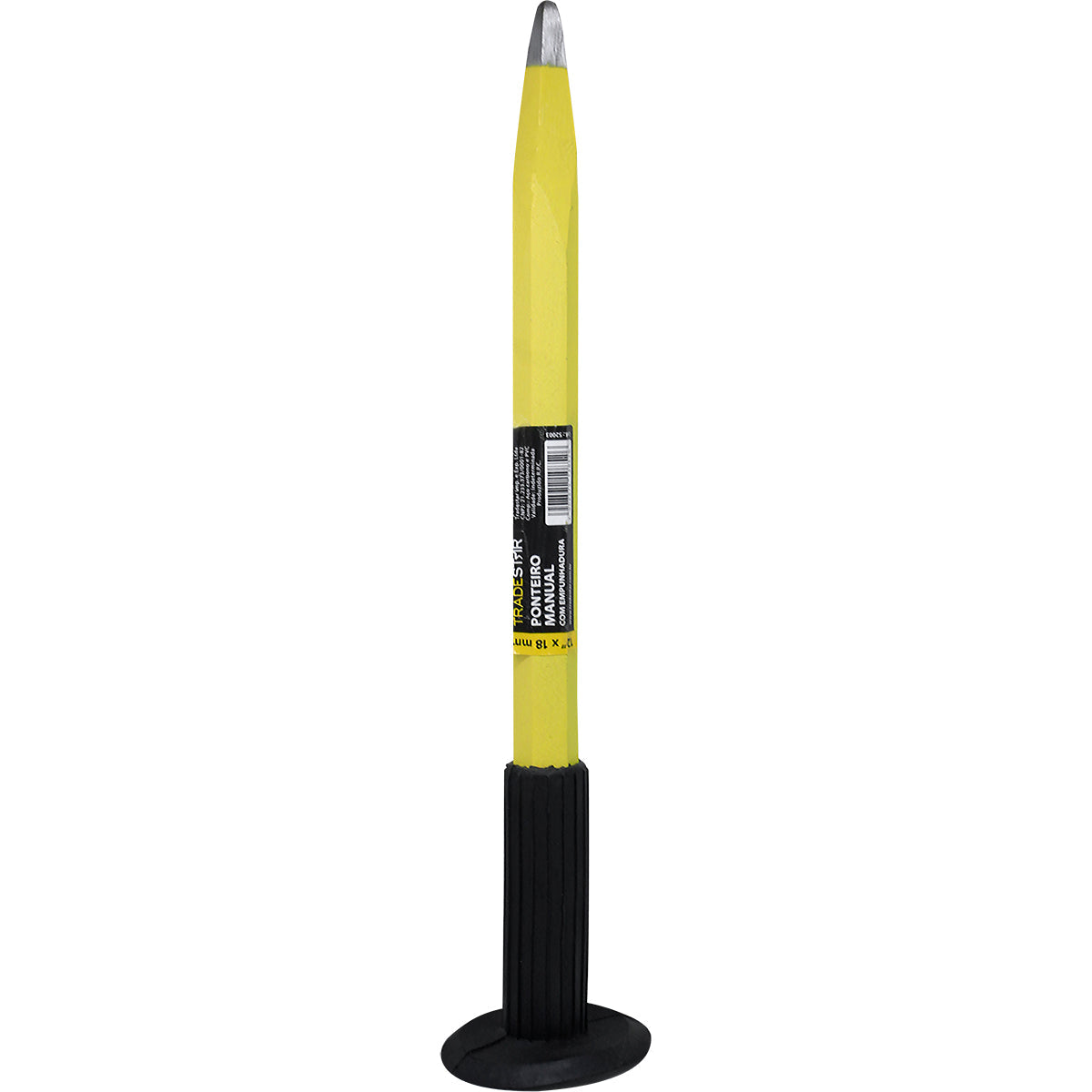 Ponteiro Redondo Aço 12"x18MM Tradestar com empunhadura emborrachada, ferramenta para construção civil e reformas. Ideal para retirar excessos de concreto e cortes em alvenaria. Fabricado em aço carbono resistente e durável. Ferramenta manual com corpo amarelo e cabo preto.