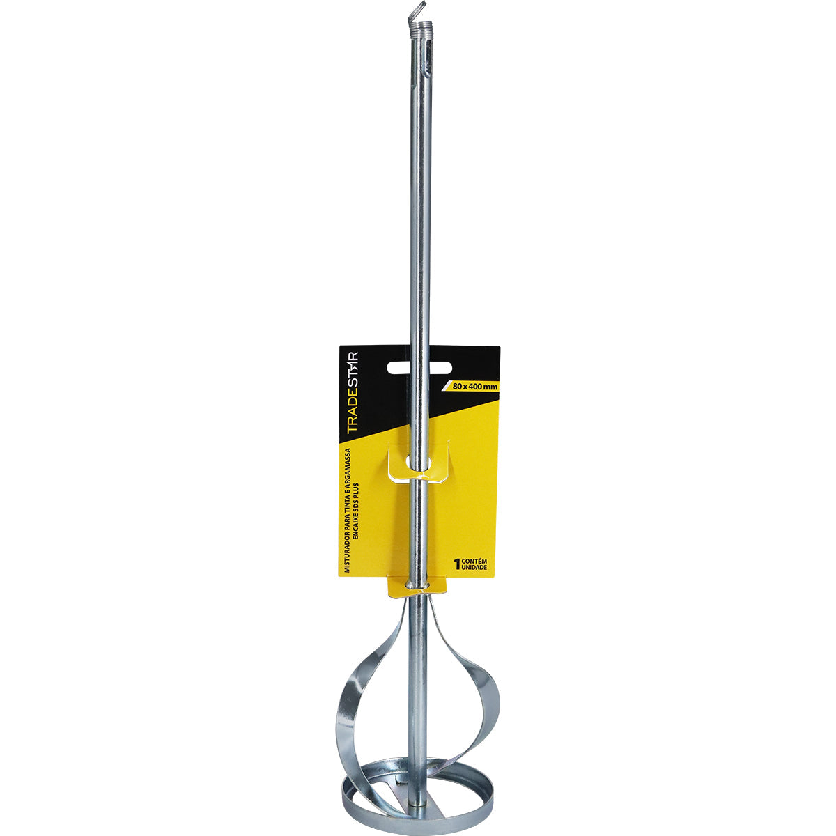 Misturador de argamassa, gesso e tinta Tradestar 40cm com encaixe SDS Plus. Ideal para furadeiras, mistura eficiente de tintas, argamassas e outros materiais. Haste de aço carbono, 8cm de diâmetro e 40cm de comprimento. Ferramenta para construção e reforma.