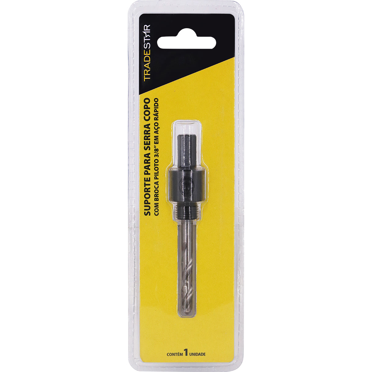 Suporte Adaptador Serra Copo Tradestar com Broca Piloto 3/8" em aço rápido, ideal para cortes precisos em madeira, metal e plástico. Ferramenta para furadeiras, indicada para marcenaria, construção civil e bricolagem. Acompanha broca piloto para centralização do furo. Produto original, novo e com garantia.